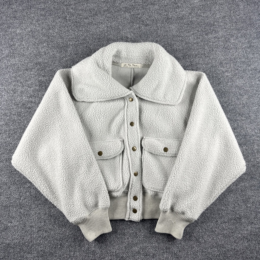 We The Free Free People Jacket Womens XS Gray Fleece Bomber Snap Pockets Preppy
